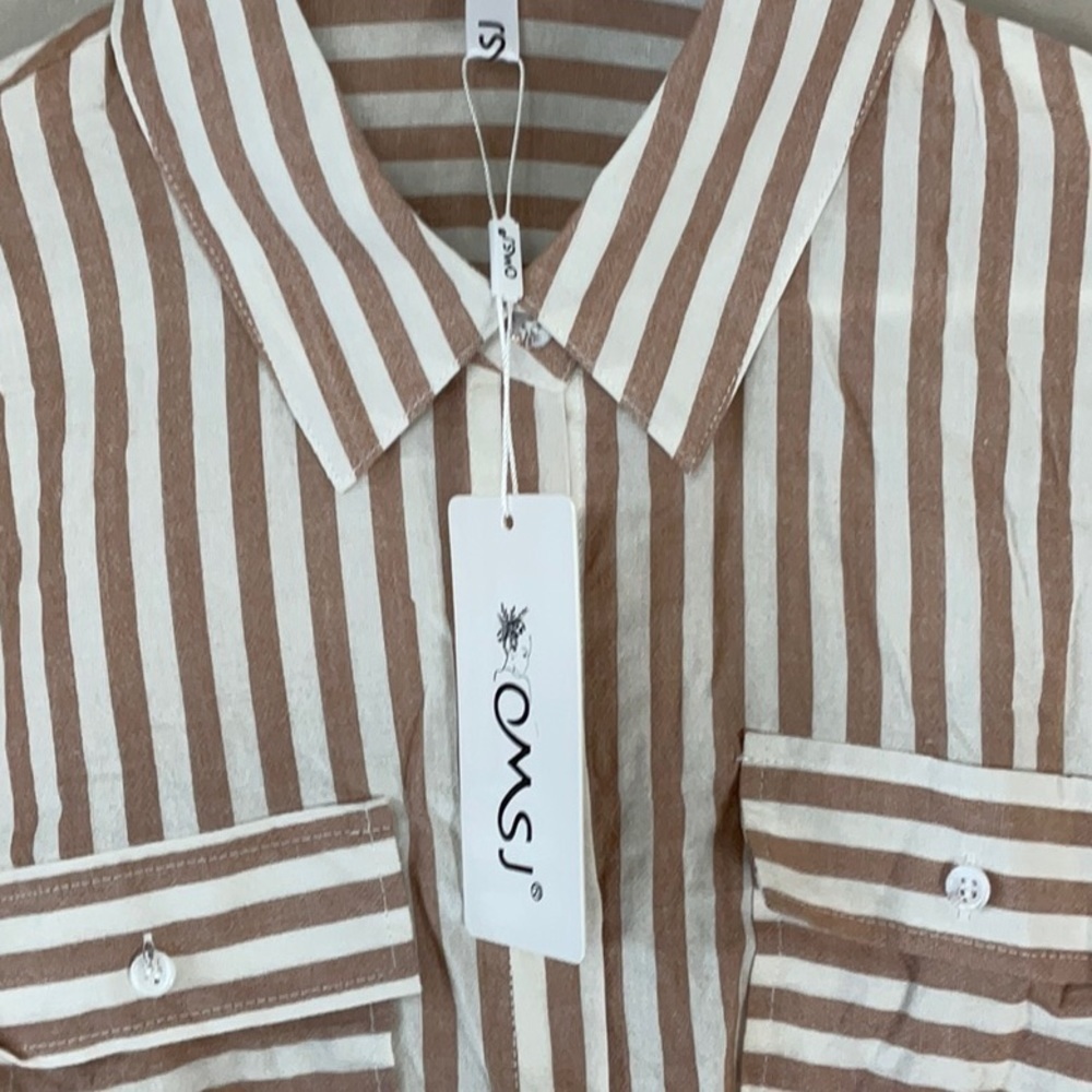 OMSJ Women's Striped Button Down Shirts brown - Picture 3 of 8